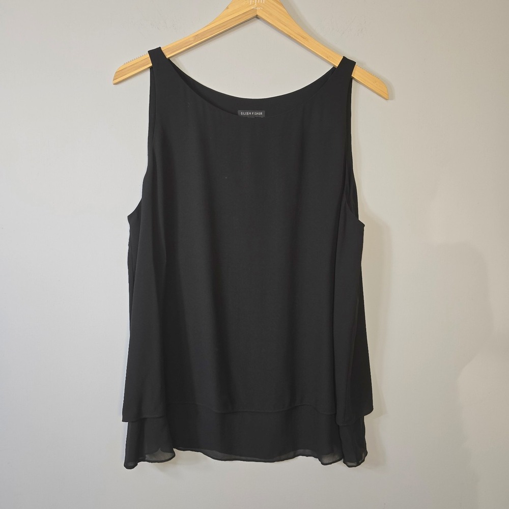 Eileen Fisher 100% Silk Camisole Tank Top Shell Black Layered Size XL Minimalist